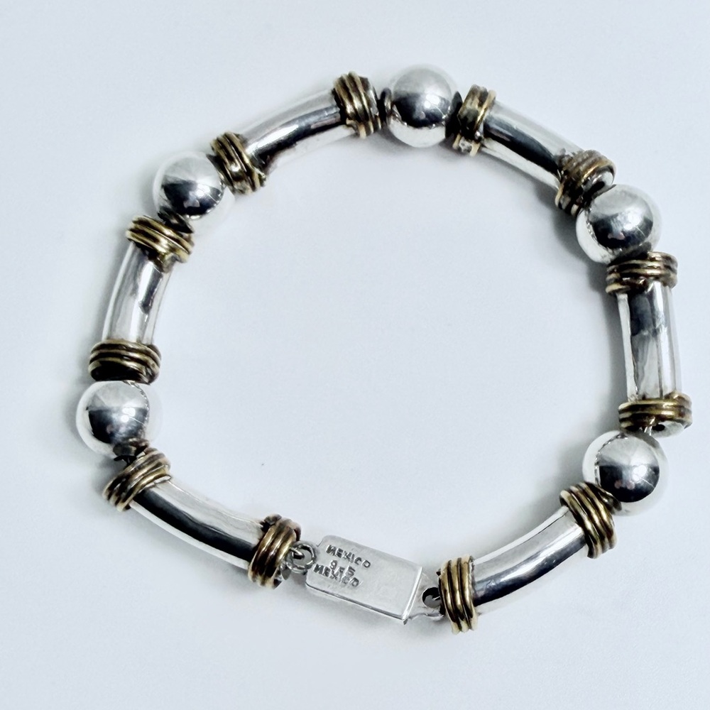 Vintage Unique Heavy Sterling Silver Ball & Tube w/Brass Wrapped Trim Bracelet - Picture 7 of 16